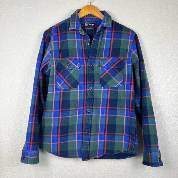 Express‎ Mens Shacket Medium Blue Blue Plaid Flannel Shacket 90s Grunge Preppy - Picture 1 of 5
